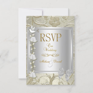 UAWG Elegant Wedding Gold Silver White Dove Damask RSVP Karte