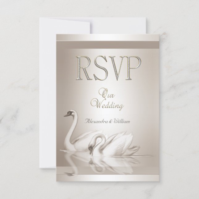 UAWG Elegant Wedding Swans Damask Cream White RSVP Karte (Vorderseite)