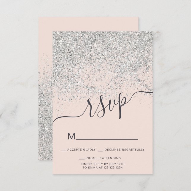 uAwg errötet Rosa, silber Glitzer Süß 16 Einladung (Vorne/Hinten)