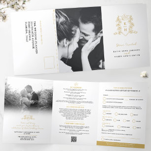 UAwg für das Hochzeitessen in Goldkronen in Monogr Dreifach Gefaltete Einladung