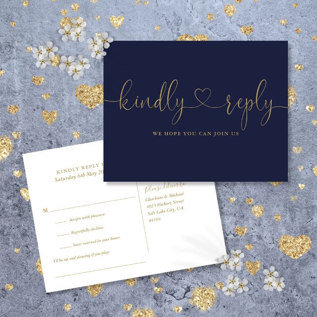 UAwg für Navy Blue und Gold Heft Script Song Einladungspostkarte (Navy Blue And Gold Heart Script Song Request RSVP Invitation Postcard)