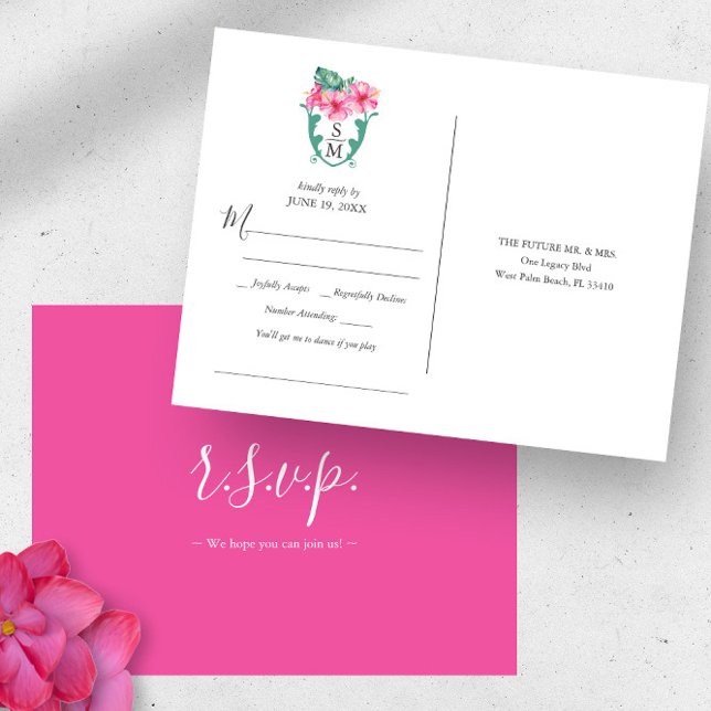 UAwg für Song-Lieder der tropischen Hochzeit in Ur Postkarte (Monogrammed tropical destination wedding rsvp postcard watercolor art by Victoria Grigaliunas)