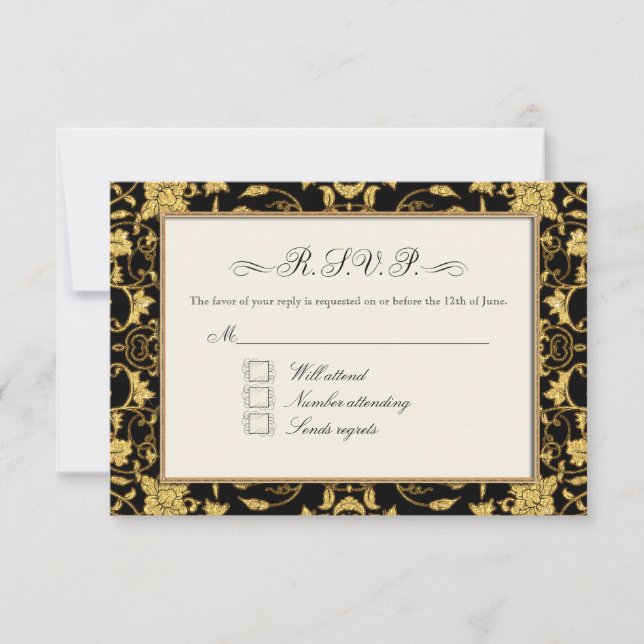 UAWG Gold Floral Damask Imitate Glitzer Hochzeit RSVP Karte (Vorderseite)