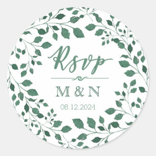 UAWG Green Blätter Wreath Monogram Wedding Runder Aufkleber