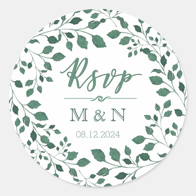 UAWG | Green Blätter Wreath Monogram Wedding Runder Aufkleber (Vorderseite)