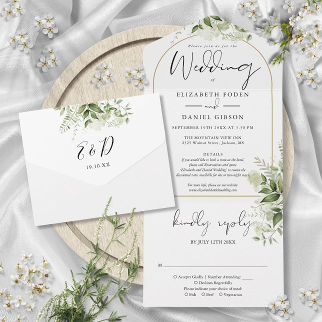 UAwg Hochzeit von Gold Arch Greenery Blumendetails All In One Einladung (Gold Arch Greenery Floral Details RSVP Wedding All In One Invitation)