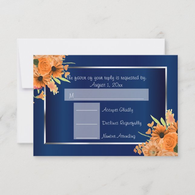 *UAWG - Hübsche orangefarbene Blume über Navy Blue RSVP Karte (Vorderseite)