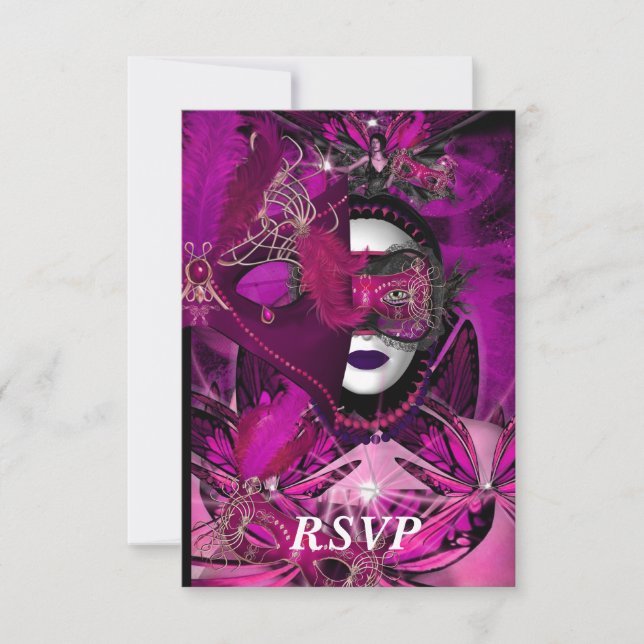 UAWG Masquerade Ball Party Maske Schwarzes Rosa Li RSVP Karte (Vorderseite)
