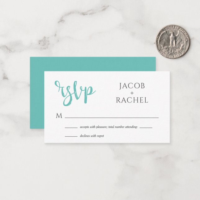 UAWG Modern Script Aquamarin Wedding RSVP Card Mitteilungskarte (Vorderseite/Rückseite Beispiel)