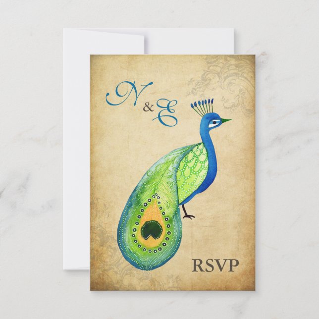 UAWG Monogram Vintag Peacock Wedding Cards RSVP Karte (Vorderseite)