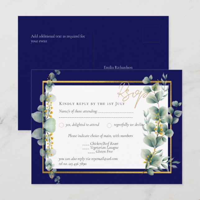 UAWG NAVY BLUE GOLD Greenery Eucalyptus Wedding Postkarte (Vorne/Hinten)