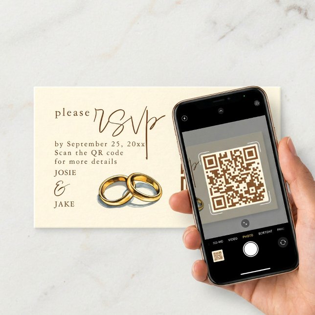 UAwg QR-Code für Hochzeitsszenarien Begleitkarte (Gold Wedding Rings Illustration RSVP QR Code Enclosure Card)