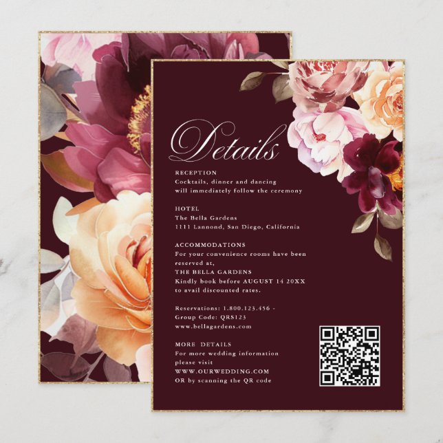 UAwg&QR Hochzeit mit Aquarellfarben-Burgundy Detai Begleitkarte (Vorne/Hinten)