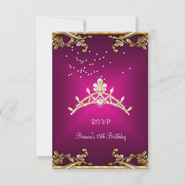 UAWG Quinceanera Birthday Pink Tiara Gold Diamond RSVP Karte (Vorderseite)