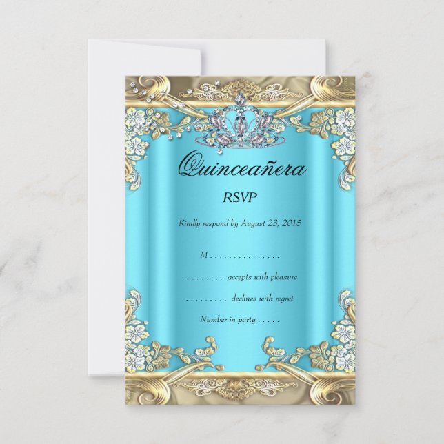 UAWG Quinceanera Blue Aqua Aquamarin Gold 15. Gebu RSVP Karte (Vorderseite)