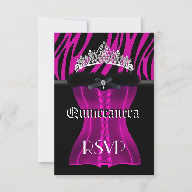 UAWG Quinceanera Pink Zebra Black Tiara Corset RSVP Karte (Vorderseite)