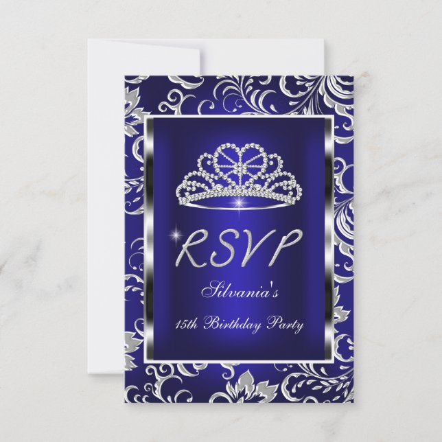 UAWG Reply Quinceanera Dark Blue Damask Silver RSVP Karte (Vorderseite)