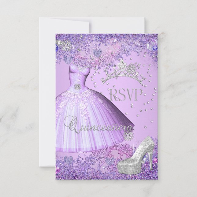 UAWG Reply Quinceanera Lila Tiara Kleidung Schuhe RSVP Karte (Vorderseite)