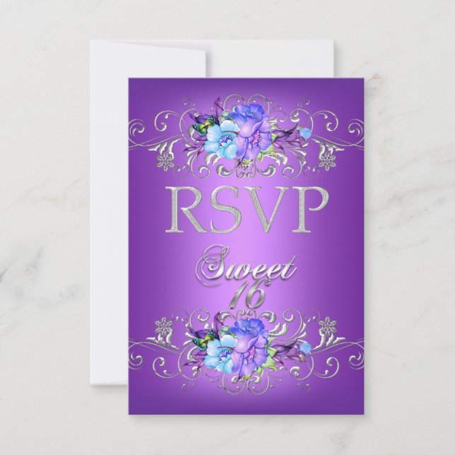 UAWG Reply Sweet 16 Sechzehn weiße violette Blumen RSVP Karte (Vorderseite)