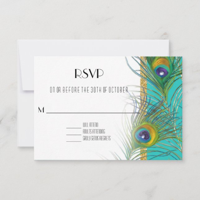 UAWG Response Card Peacock Feathers Art Deco Style RSVP Karte (Vorderseite)
