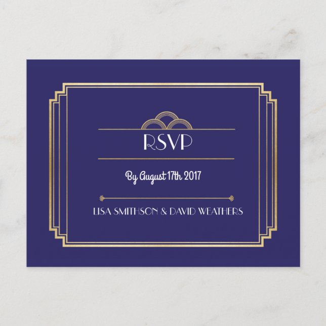 UAWG Response Hochzeit Postkarte Art Deco Navy Gol (Vorderseite)