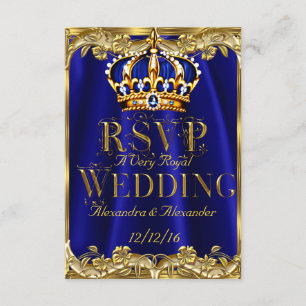 UAWG Royal Blue Navy Wedding Gold Crown 3 RSVP Karte