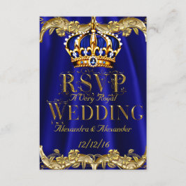 UAWG Royal Blue Navy Wedding Gold Crown RSVP Karte