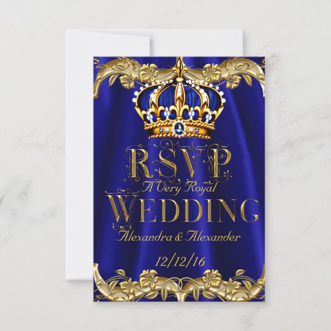 UAWG Royal Blue Navy Wedding Gold Crown RSVP Karte (Vorderseite)