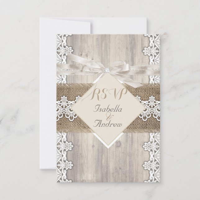 UAWG Rustic Wedding Beige White Lace Wood AB RSVP Karte (Vorderseite)