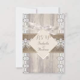 UAWG Rustic Wedding Beige White Lace Wood AB RSVP Karte