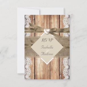 UAWG Rustic Wedding Brown White Lace Wood Burlap RSVP Karte