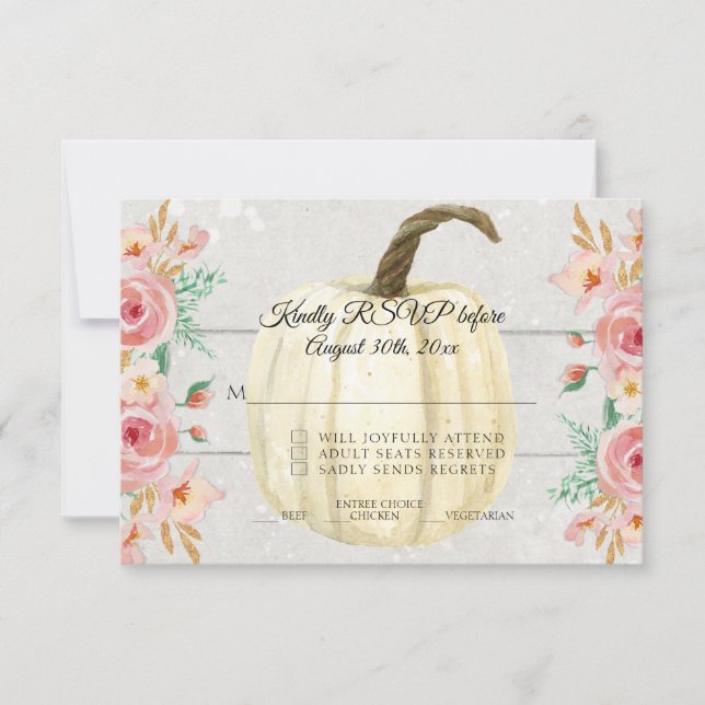 UAWG Rustikale Rosa Blütenpinsel Weiße Kürbis Holz Einladung (Vorderseite)