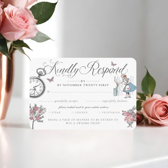 UAWG Vintage Alice im Wunderland und Windeln Begleitkarte (RSVP Vintage Alice in Wonderland & Diaper Raffle Enclosure Card)