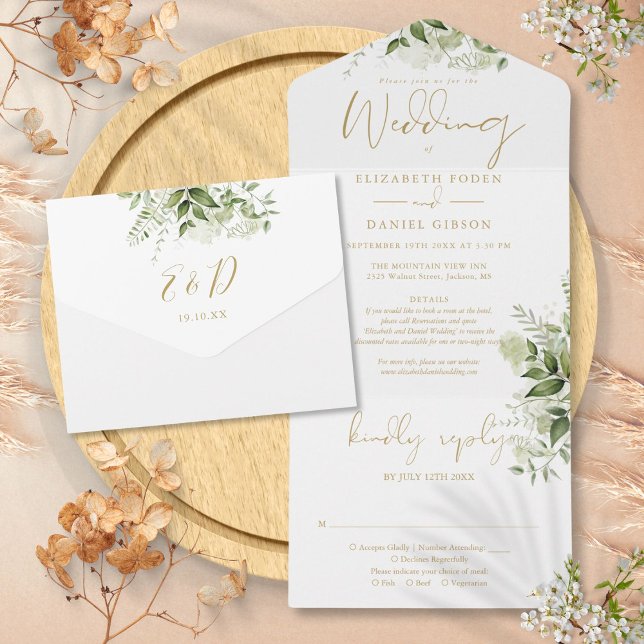 UAwg Wedding All In One Einladung (Gold Script Greenery Floral Details RSVP Wedding All In One Invitation)