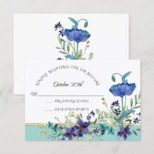 UAWG Wedding Aqua Blue w Poppy Wasserfarbe Floral Einladung