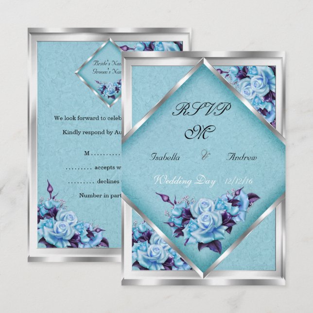 UAWG Wedding Aquamarine Lila Rose Silver Bouquet Einladung (Vorne/Hinten)