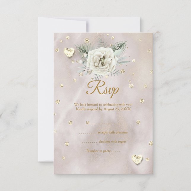 UAWG Wedding Beige Gold White Rose Hearts Glitzer RSVP Karte (Vorderseite)