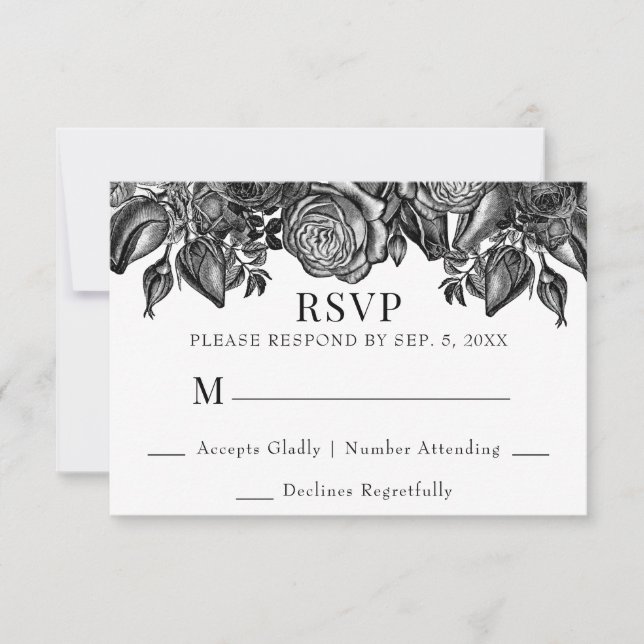 UAwg Wedding Black and White Roses RSVP Karte (Vorderseite)