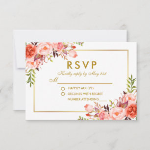 UAwg Wedding Coral Floral Gold RSVP Karte