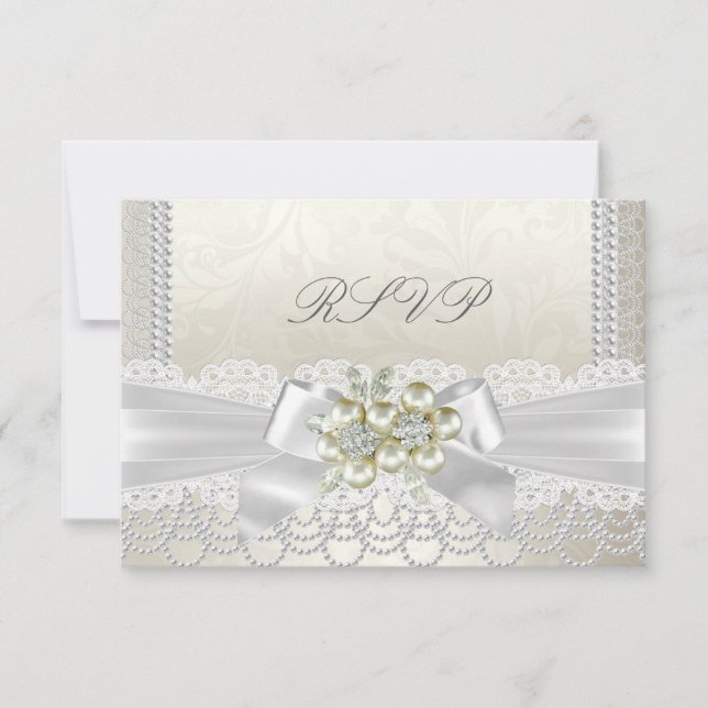 UAWG Wedding Cream Pearl Lace Damask Diamond RSVP Karte (Vorderseite)