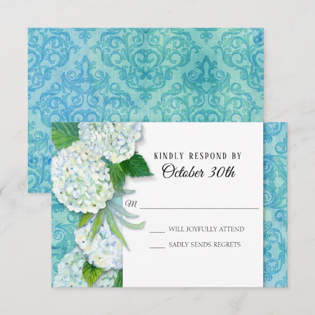 UAWG Wedding Floral Hydrangeas Aqua Damask Muster Einladung (Vorne/Hinten)