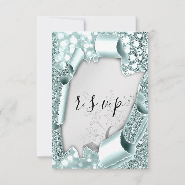 UAWG Wedding Glitzer Florals Silver Aqua Blue RSVP Karte (Rückseite)