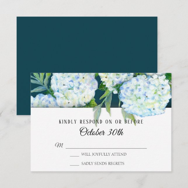 UAWG Wedding Painted White Hydrangeas Peacock Blue Einladung (Vorne/Hinten)