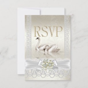 UAWG Wedding Swans White Pearl Lace Damask RSVP Karte