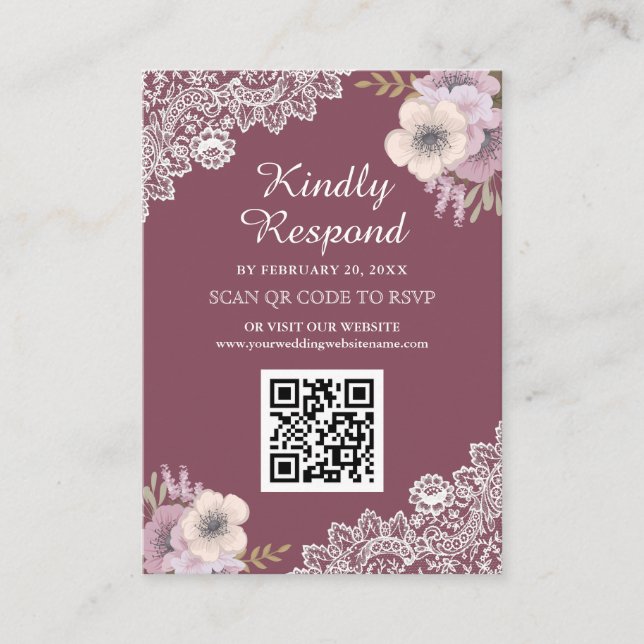 UAwg Wedding Website von Pink Floral Lace QR Code Begleitkarte (Vorderseite)