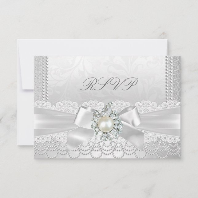 UAWG Wedding White Pearl Lace Damask Diamond RSVP Karte (Vorderseite)
