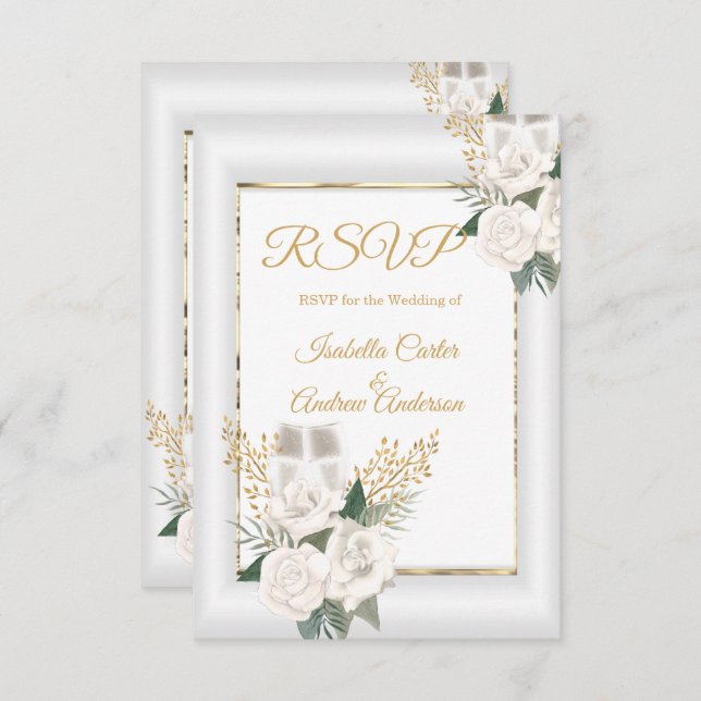UAWG Wedding White Rose Floral Champagne Gold RSVP Karte (Vorne/Hinten)