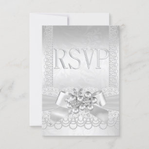 UAWG Wedding White Silver Pearl Lace Damask RSVP Karte