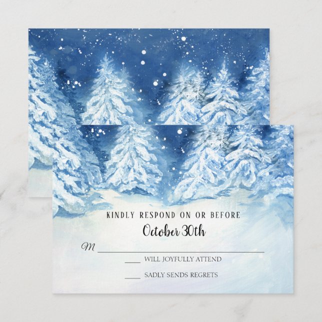 UAWG Wedding Winter Navy Snowy Trees Wasserfarbe Einladung (Vorne/Hinten)