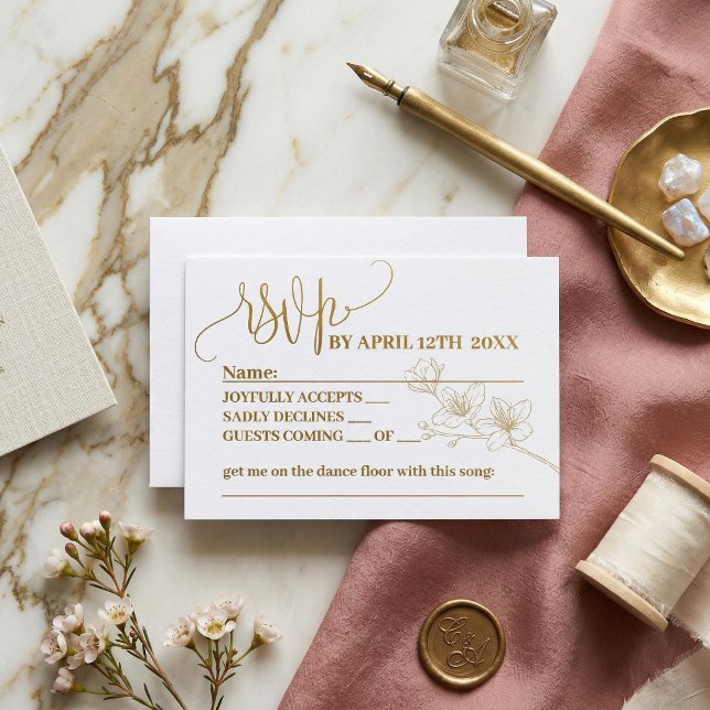 UAWG with Whimsy: Gold Blume & Script Repcard RSVP Karte (Gold Floral Script Whimsical Wedding RSVP | Elegant Bloom Reply Card)